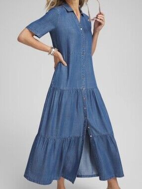 Chico's Faux Denim Tiered Shirt Maxi Dress Size 2